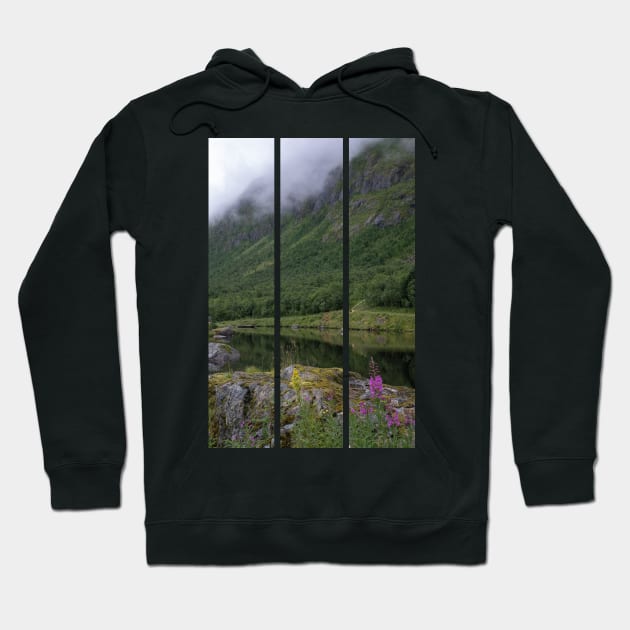 Wonderful landscapes in Norway. Senja, Nordland. Beautiful scenery of a valley with lupine flowers on the rocks. Mirror in the lake. Cloudy summer day. Fog and mountains in background (vertical) Hoodie by fabbroni-art